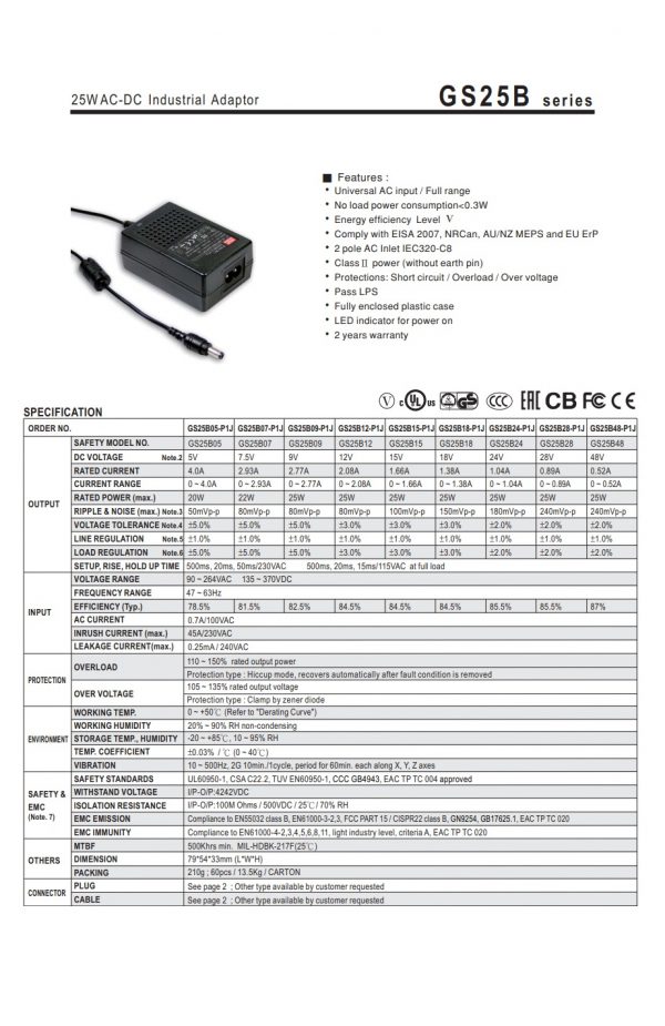 Mean Well 25W AC-DC Industrial Adaptor GS25B series