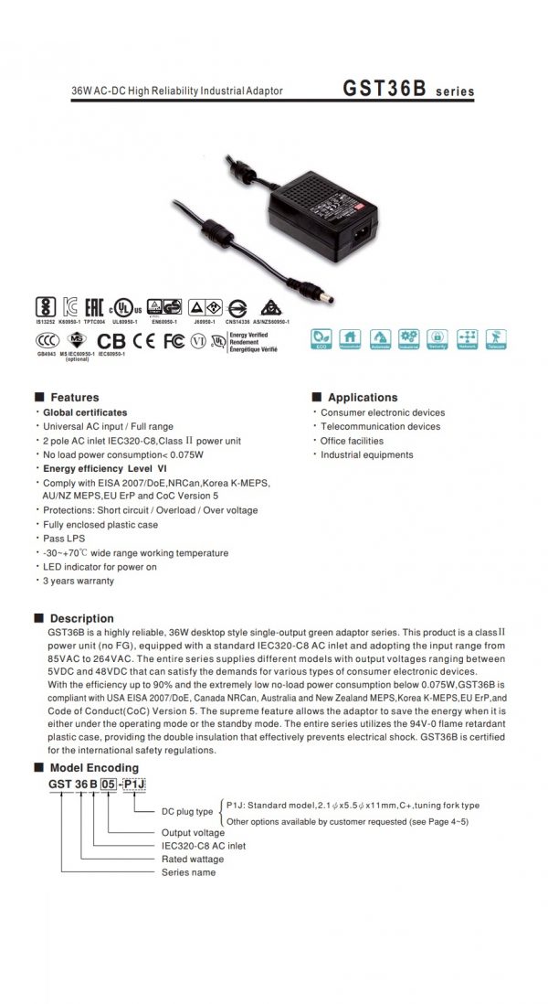 Mean Well 36W AC-DC High Reliability Industrial Adaptor GST36B series