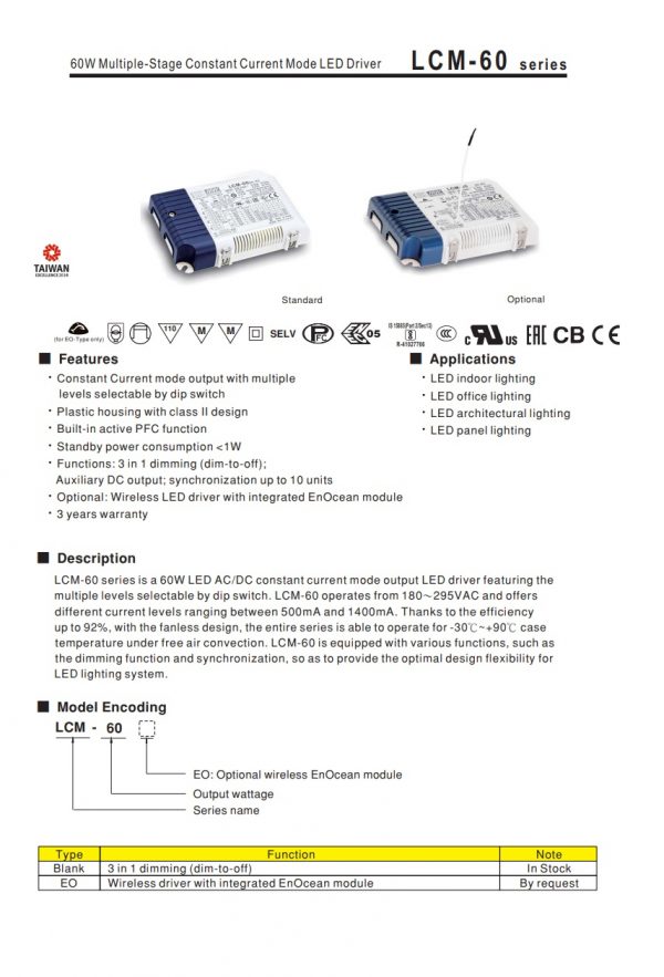 Mean Well Multiple-Stage Constant Current Mode LED Driver LCM-60