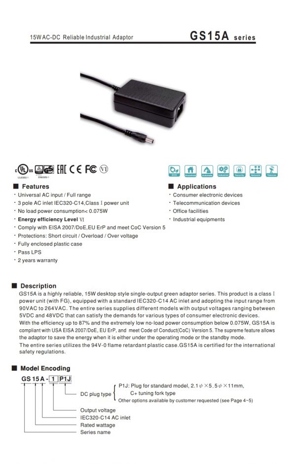 Mean Well 15W AC-DC Reliable Industrial Adaptor GS15A series