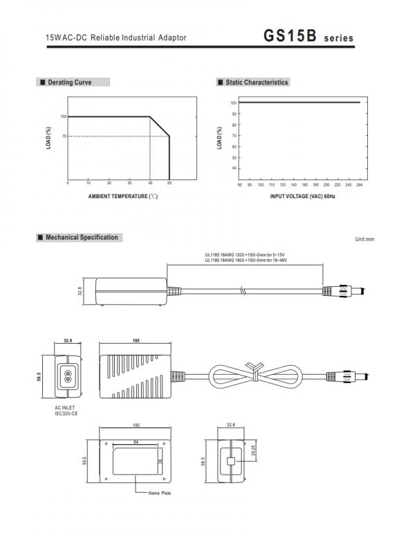Mean Well 15W AC-DC Reliable Industrial Adaptor GS15B series
