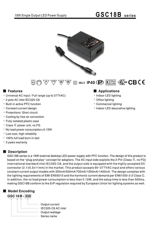 Mean Well Single Output LED Power Supply GSC18B series