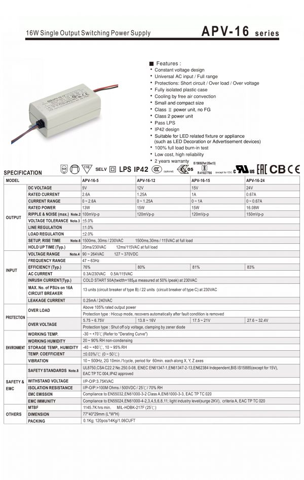 Mean Well Single Output Switching Power Supply APV-16 series