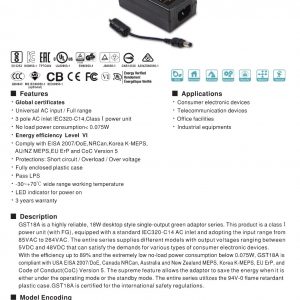 Mean Well 18W AC-DC High Reliability Industrial Adaptor GST18A series