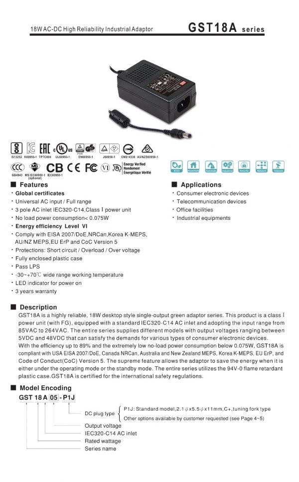Mean Well 18W AC-DC High Reliability Industrial Adaptor GST18A series