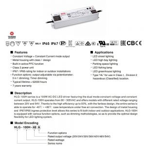 Mean Well Voltage Constant Current LED Driver HLG-100H series