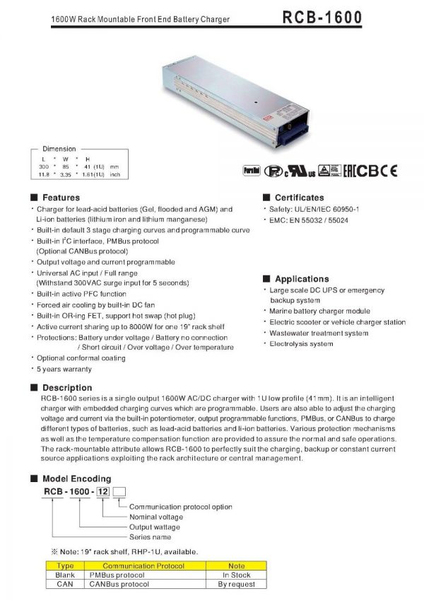 Mean Well Rack Mountable Front End Battery Charger RCB-1600