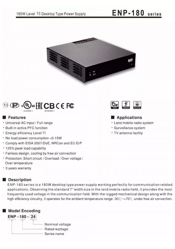 Mean Well 180W Level Desktop Type Power Supply Ⅵ ENP-180 series