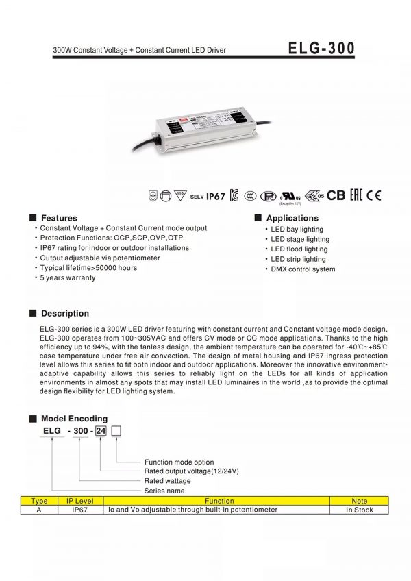 Mean Well Constant Voltage Constant Current LED Driver ELG-300-24A