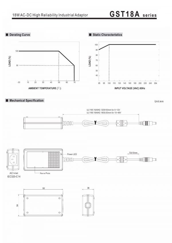 Mean Well 18W AC-DC High Reliability Industrial Adaptor GST18A series
