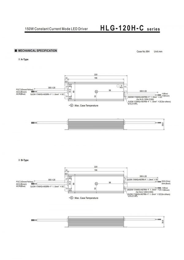 Mean Well Constant Current Mode LED Driver HLG-120H-C series