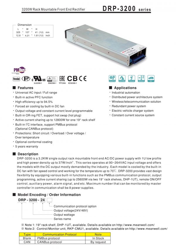 Mean Well Rack Mountable Front End Rectifier DRP-3200 series