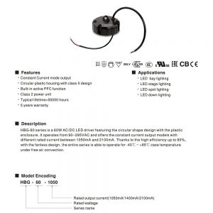 Mean Well Constant Current Mode LED Driver HBG-60 series