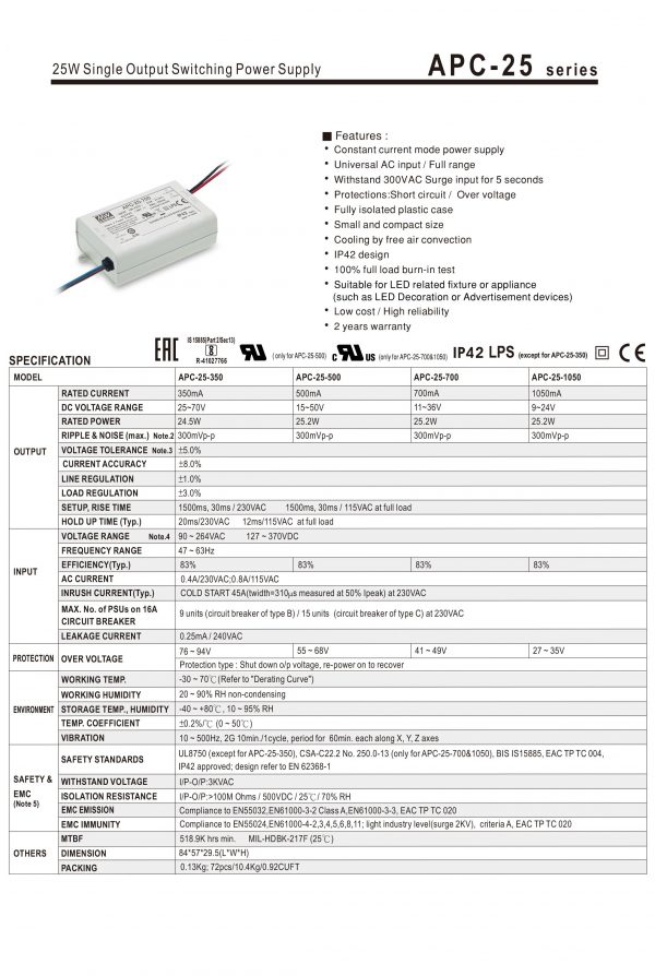Mean Well Single Output Switching Power Supply APC-25 series