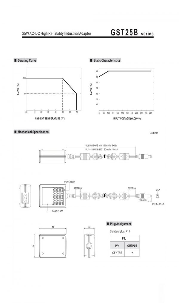 Mean Well 25W AC-DC High Reliability Industrial Adaptor GST25B series
