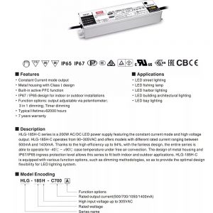 Mean Well Constant Current Mode LED Driver HLG-185H-C series