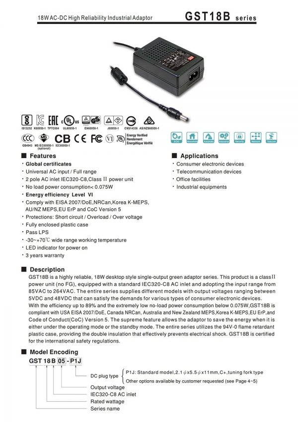 Mean Well AC-DC High Reliability Industrial Adaptor GST18B series
