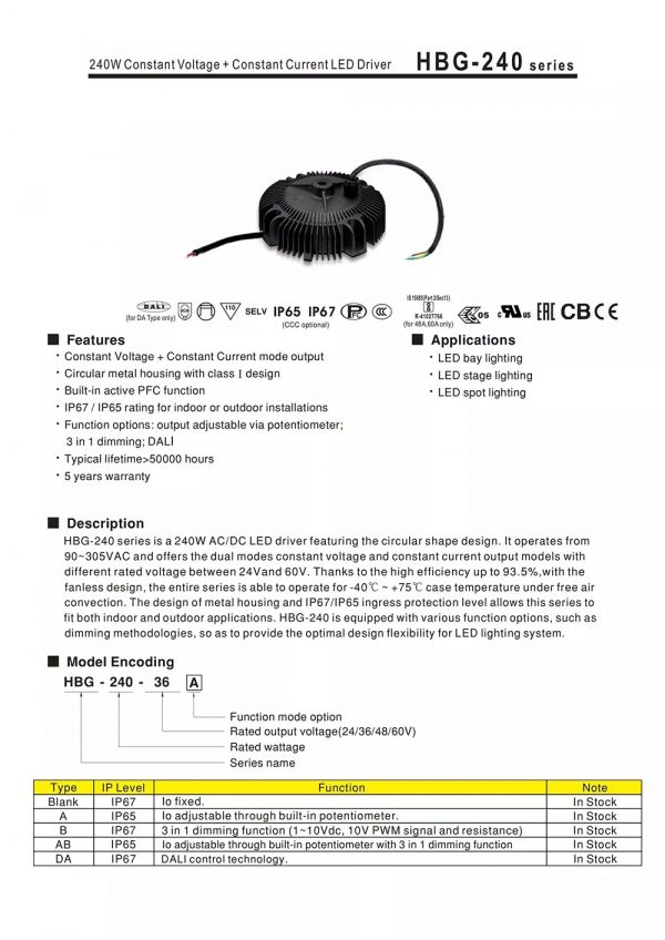 Mean Well Constant Voltage Constant Current LED Driver HBG-240 series