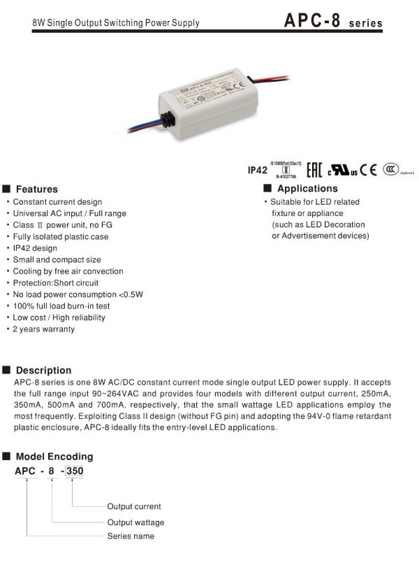 Mean Well Single Output Switching Power Supply APC-8 series