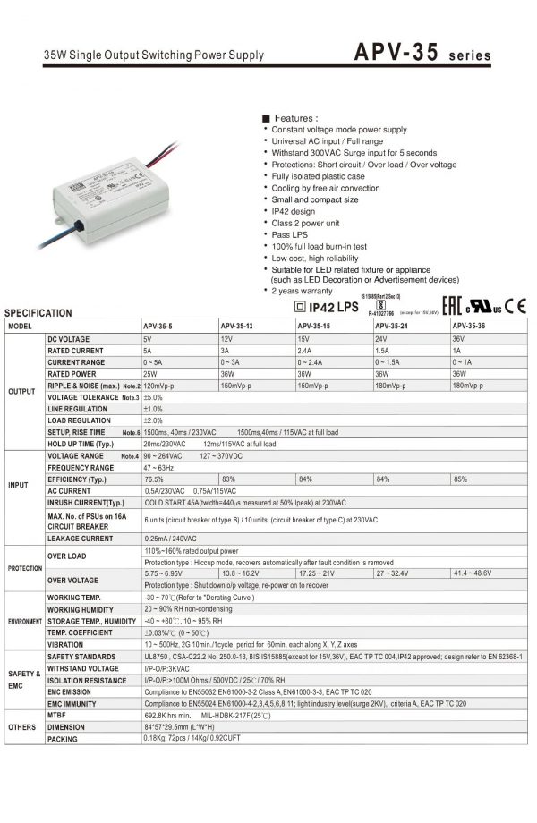 Mean Well Single Output Switching Power Supply APV-35 series