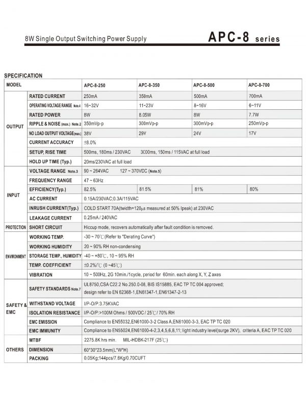 Mean Well Single Output Switching Power Supply APC-8 series