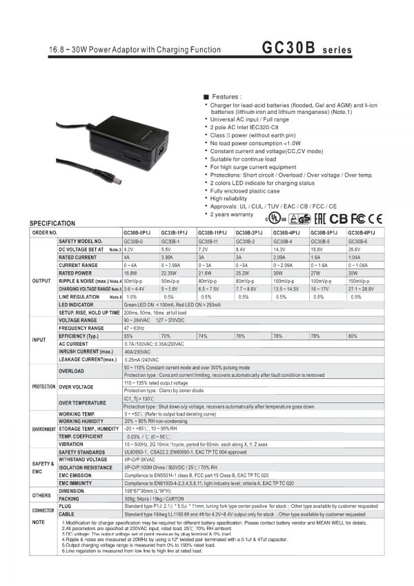 Mean Well Power Adaptor with Charging Function GC30E series