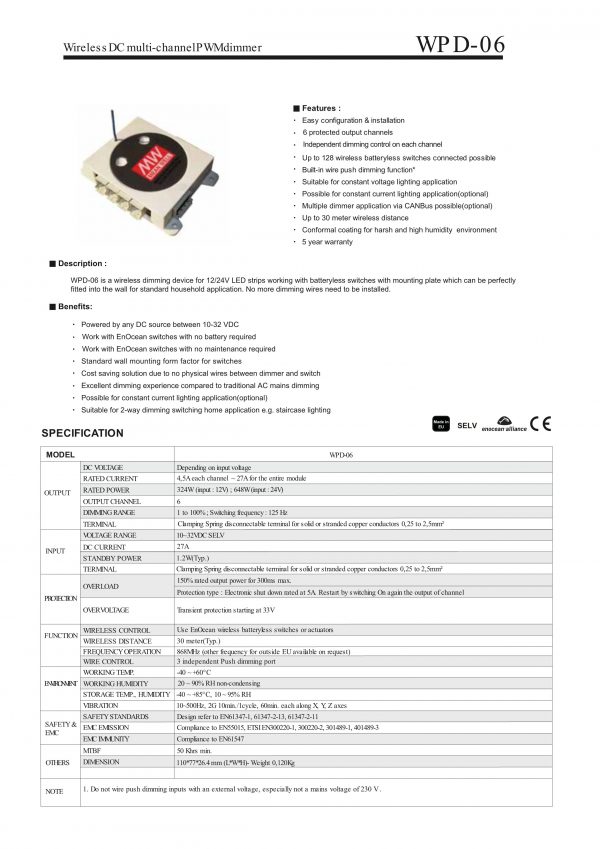 Mean Well Wireless DC multi-channel PWM dimmer WPD-06
