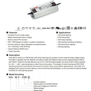 Mean Well Constant Current Mode LED Driver HLG-60H-C series
