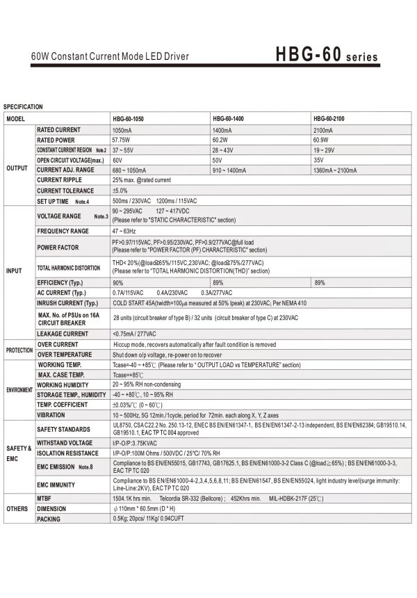 Mean Well Constant Current Mode LED Driver HBG-60 series