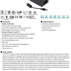 Mean Well 25W AC-DC High Reliability Industrial Adaptor GST25A series