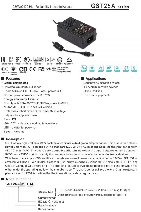 Mean Well 25W AC-DC High Reliability Industrial Adaptor GST25A series