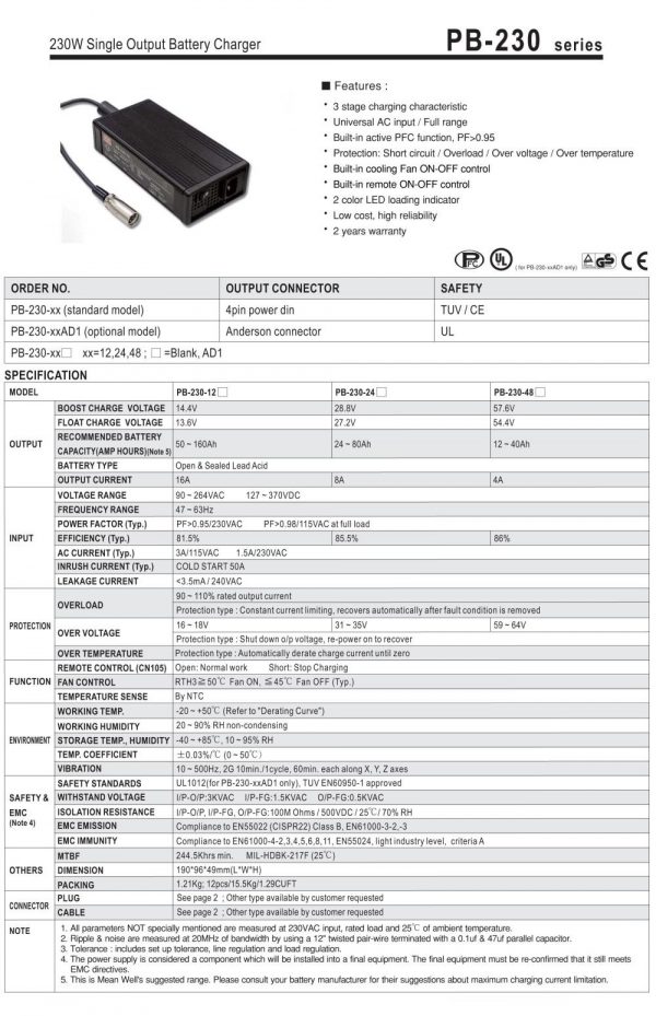Mean Well 230W Single Output Battery Charger PB-230 series