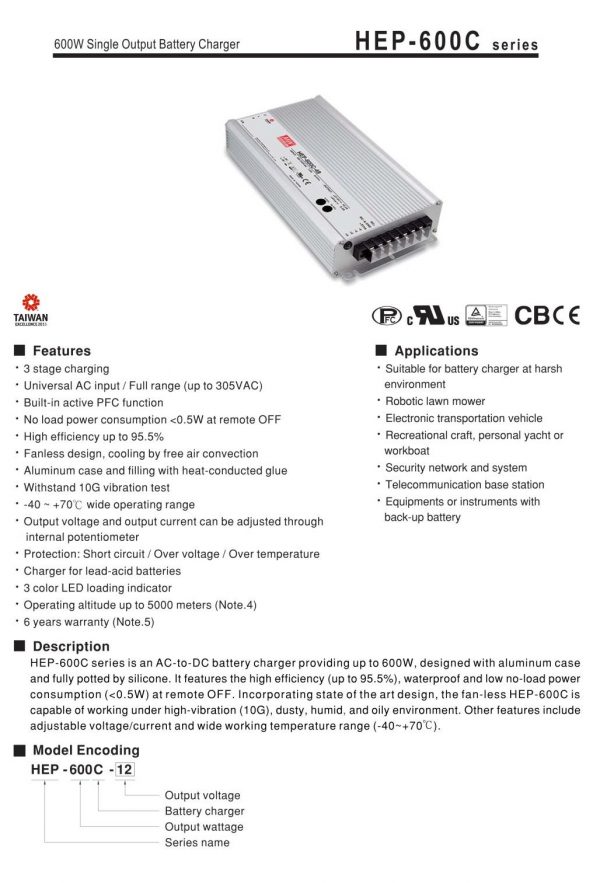 Mean Well 600W Single Output Battery Charger HEP-600C series