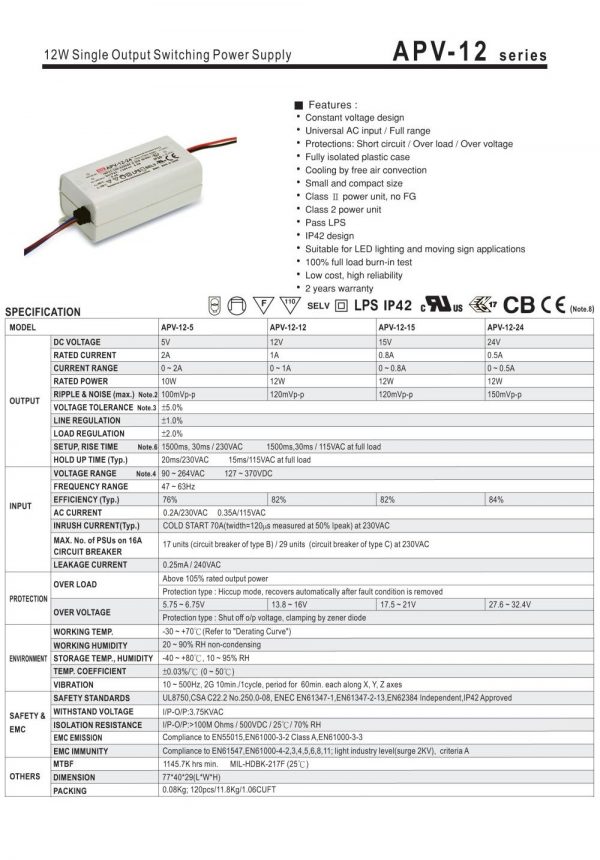 Mean Well Single Output Switching Power Supply APV-12 series