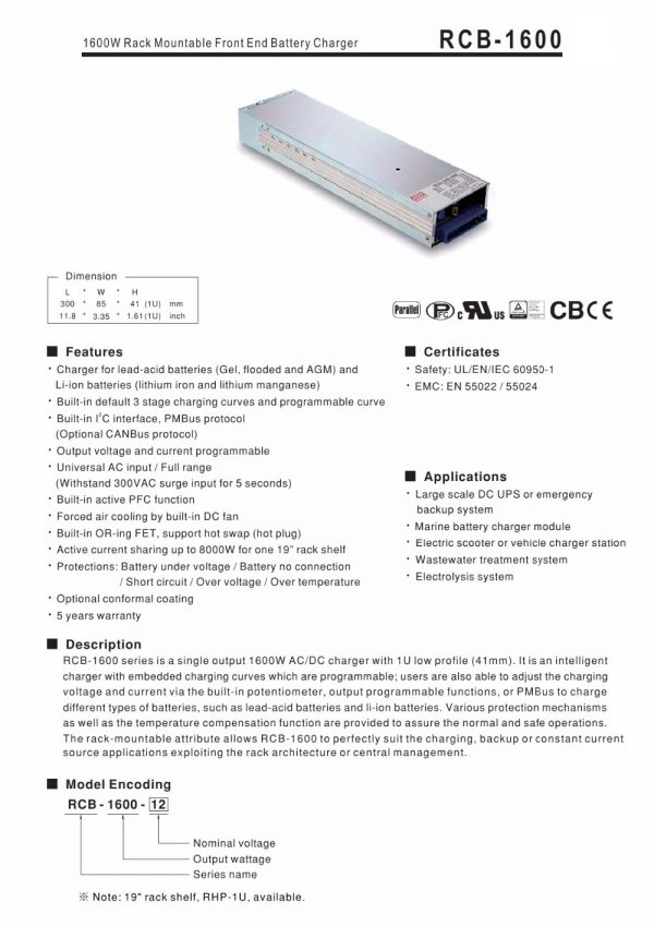 Mean Well 1600W Rack Mountable Front End Battery Charger RCB-1600