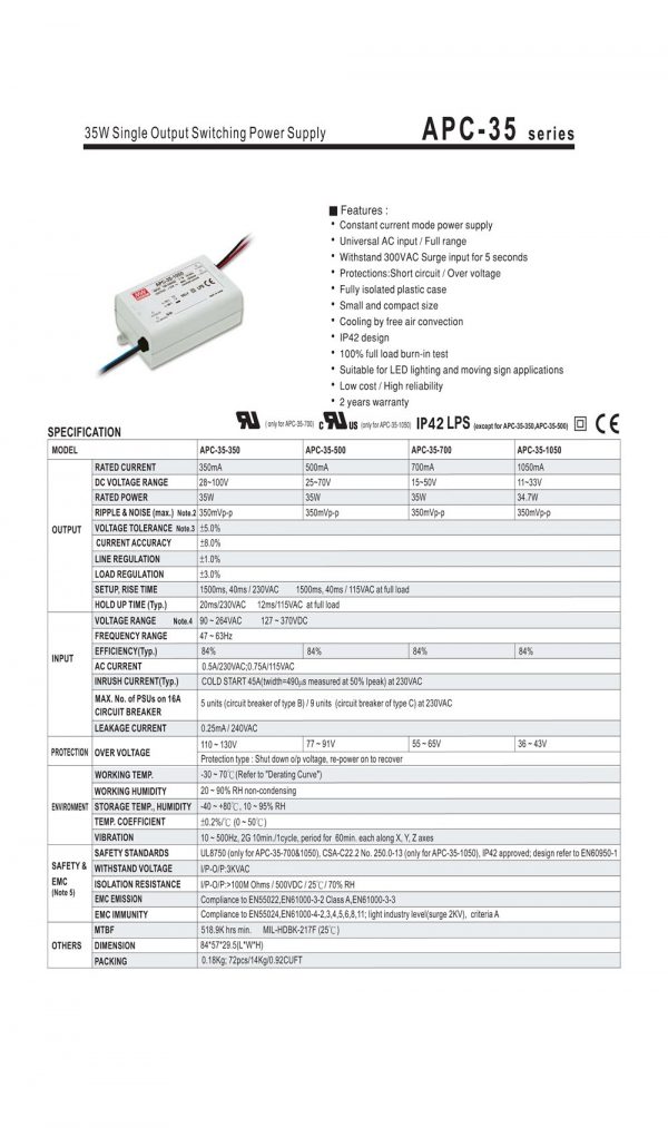 Mean Well Single Output Switching Power Supply APC-35 series