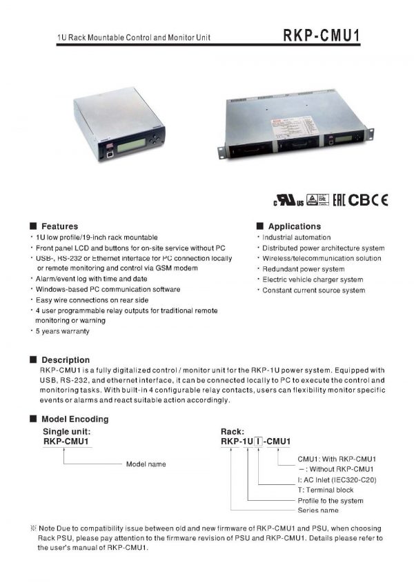 Mean Well 1U Rack Mountable Control and Monitor Unit RKP-CMU1