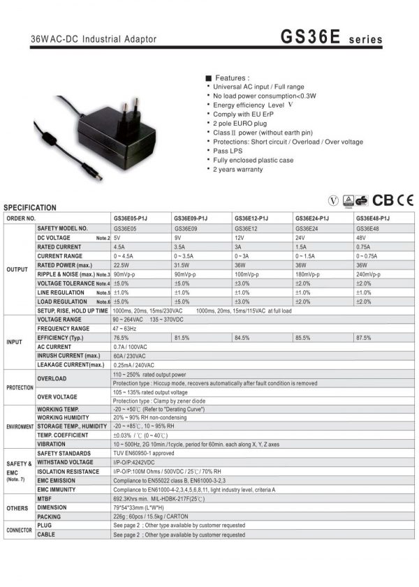 Mean Well 36W AC-DC Industrial Adaptor GS36E series
