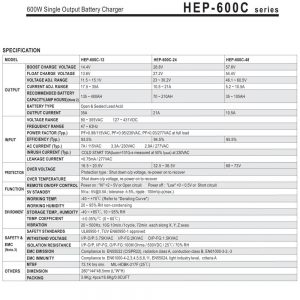 Mean Well 600W Single Output Battery Charger HEP-600C series
