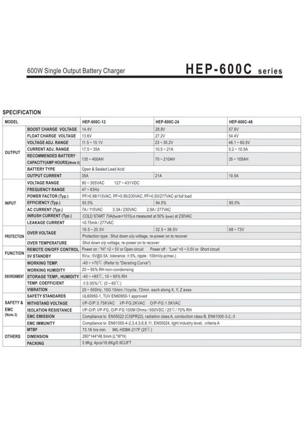 Mean Well 600W Single Output Battery Charger HEP-600C series