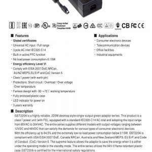 Mean Well AC-DC High Reliability Industrial Adaptor GST220A series