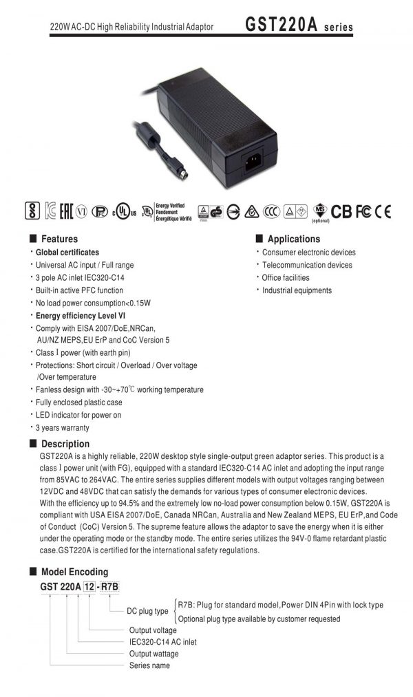 Mean Well AC-DC High Reliability Industrial Adaptor GST220A series