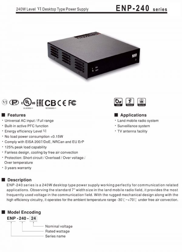 Mean Well 240W Level Desktop Type Power Supply ENP-240 series