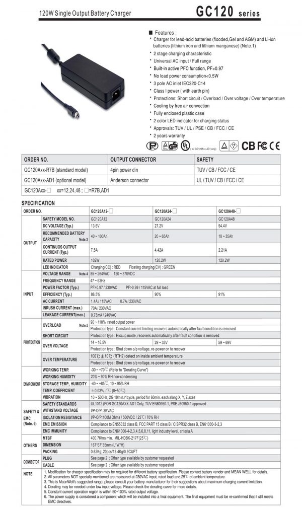 Mean Well 120W Single Output Battery Charger GC120 series