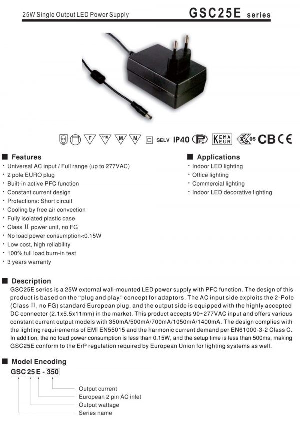 Mean Well Single Output LED Power Supply GSC25E series