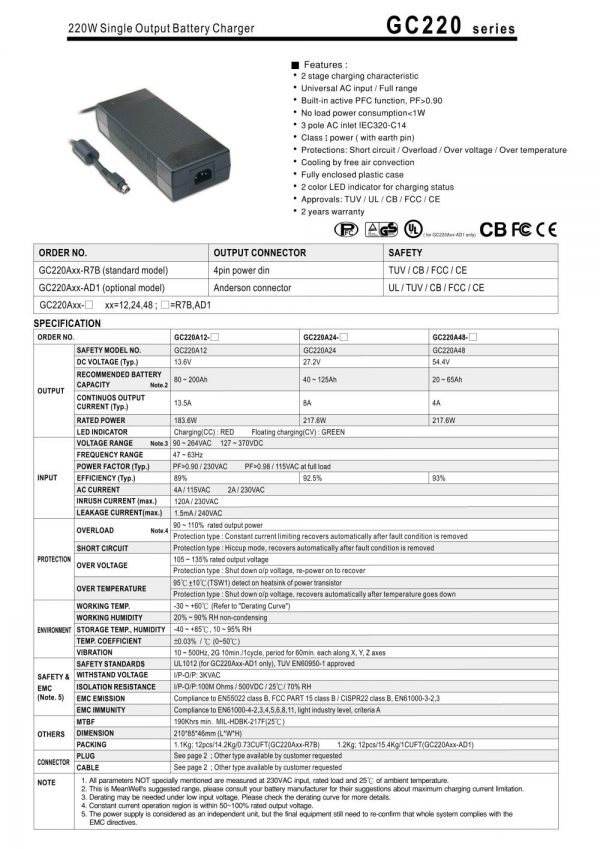 Mean Well 220W Single Output Battery Charger GC220 series