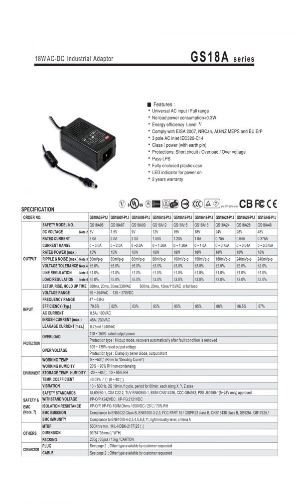 Mean Well 18W AC-DC Industrial Adaptor GS18A series