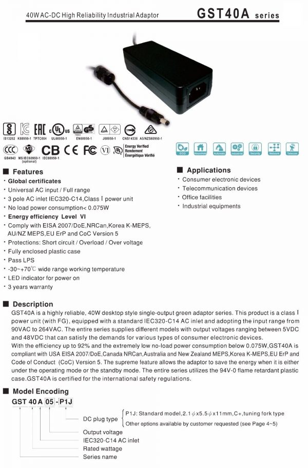Mean Well 40W AC-DC High Reliability Industrial Adaptor GST40A series