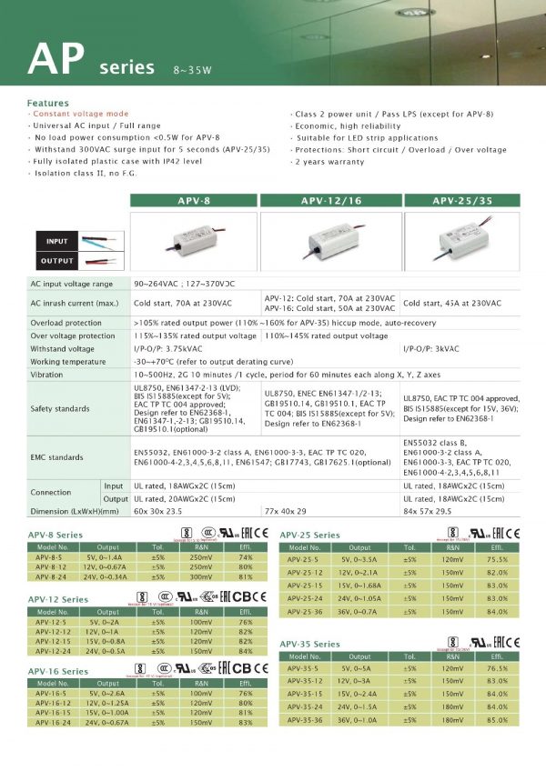 Mean Well Single Output Switching Power Supply APV-12 series