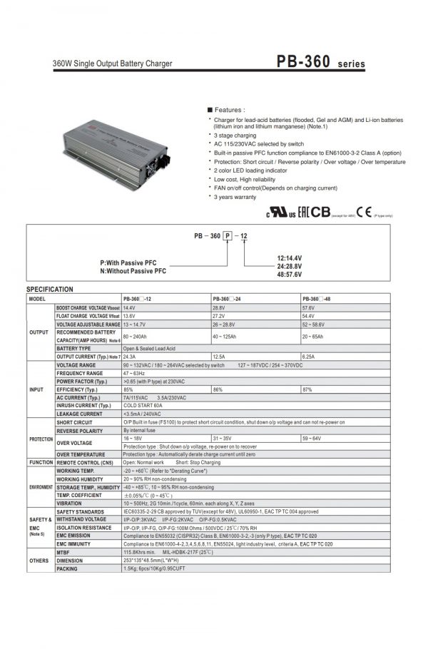 Mean Well 360W Single Output Battery Charger PB-360 series